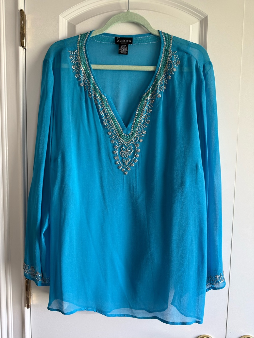 NY Collection Turquoise Beaded Silk V-Neck Tunic w. Built In Tank Top, 1X, EUC!
